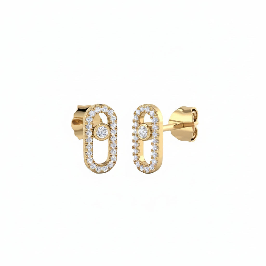 side view of the 14k yellow gold oval frame stud earrings set with 1.90 ctw pave lab diamonds and floating bezel center. A pair of gold post earrings with oval-shaped pavé settings and a central round-cut stone, shown against a plain white background.