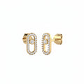 A pair of gold post earrings with oval-shaped pavé settings and a central round-cut stone, shown against a plain white background.