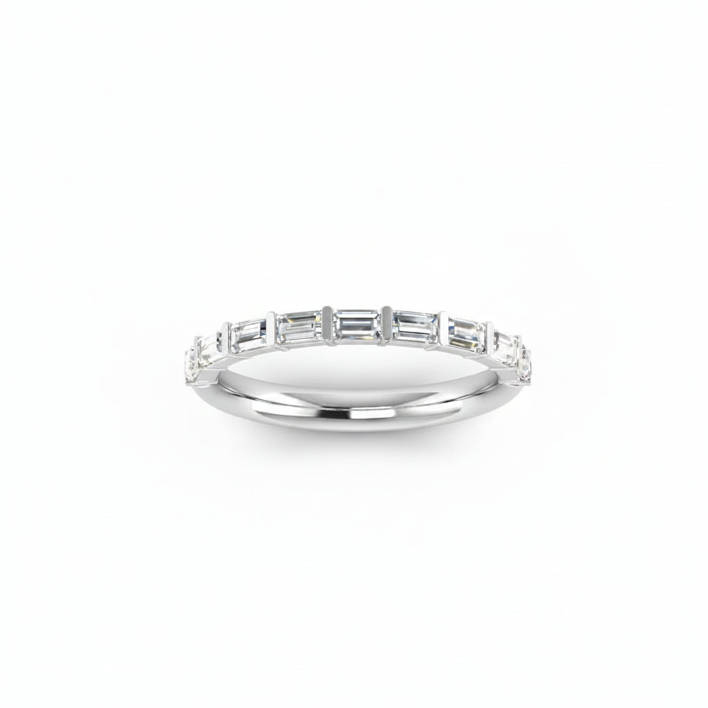 A Platinum band ring featuring a row of baguette-cut lab grown diamonds, shown against a plain white background.