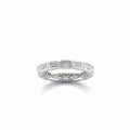 A white gold full eternity ring featuring a continuous row of baguette-cut lab grown diamonds shown on a clean white background with a soft reflection.