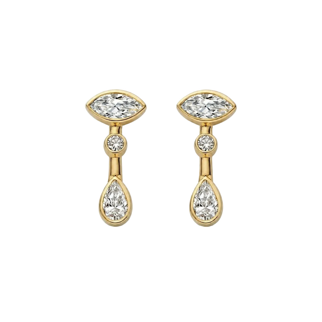 Pair of gold earrings with marquis, round and pear bezel set diamonds  on a white background