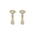 Pair of gold earrings with marquis, round and pear bezel set diamonds  on a white background