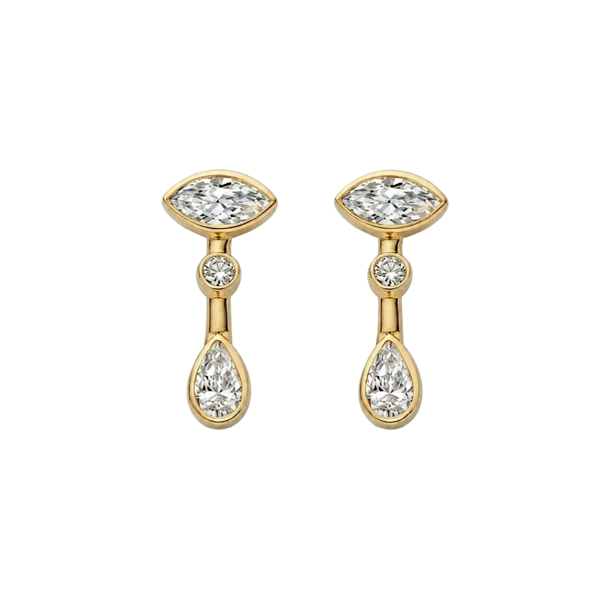 Pair of gold earrings with marquis, round and pear bezel set diamonds  on a white background