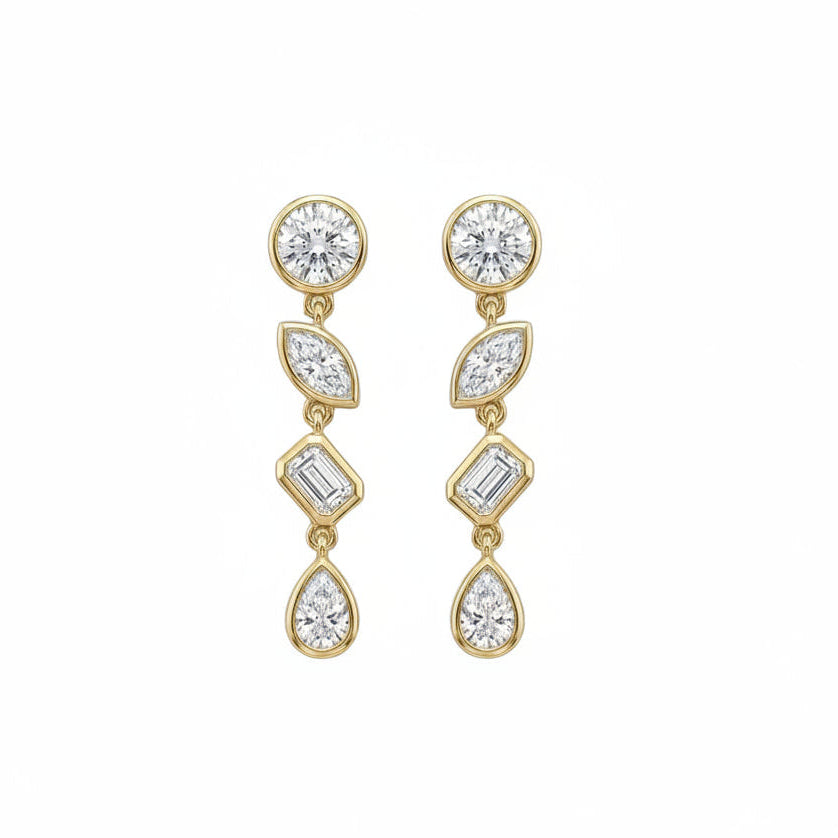 A pair of gold drop earrings featuring a graduated sequence of diamonds: a round brilliant-cut stone, a marquise-cut stone, a baguette-cut stone, and a pear-cut stone, set against a plain white background.