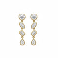 A pair of gold drop earrings featuring a graduated sequence of diamonds: a round brilliant-cut stone, a marquise-cut stone, a baguette-cut stone, and a pear-cut stone, set against a plain white background.