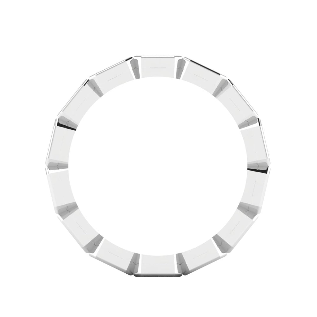 A white gold full eternity ring featuring a continuous row of baguette-cut lab grown diamonds shown on a clean white background with side ring view.
