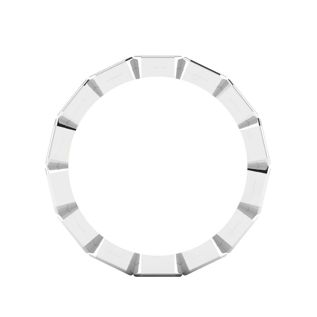 A white gold full eternity ring featuring a continuous row of baguette-cut lab grown diamonds shown on a clean white background with side ring view.