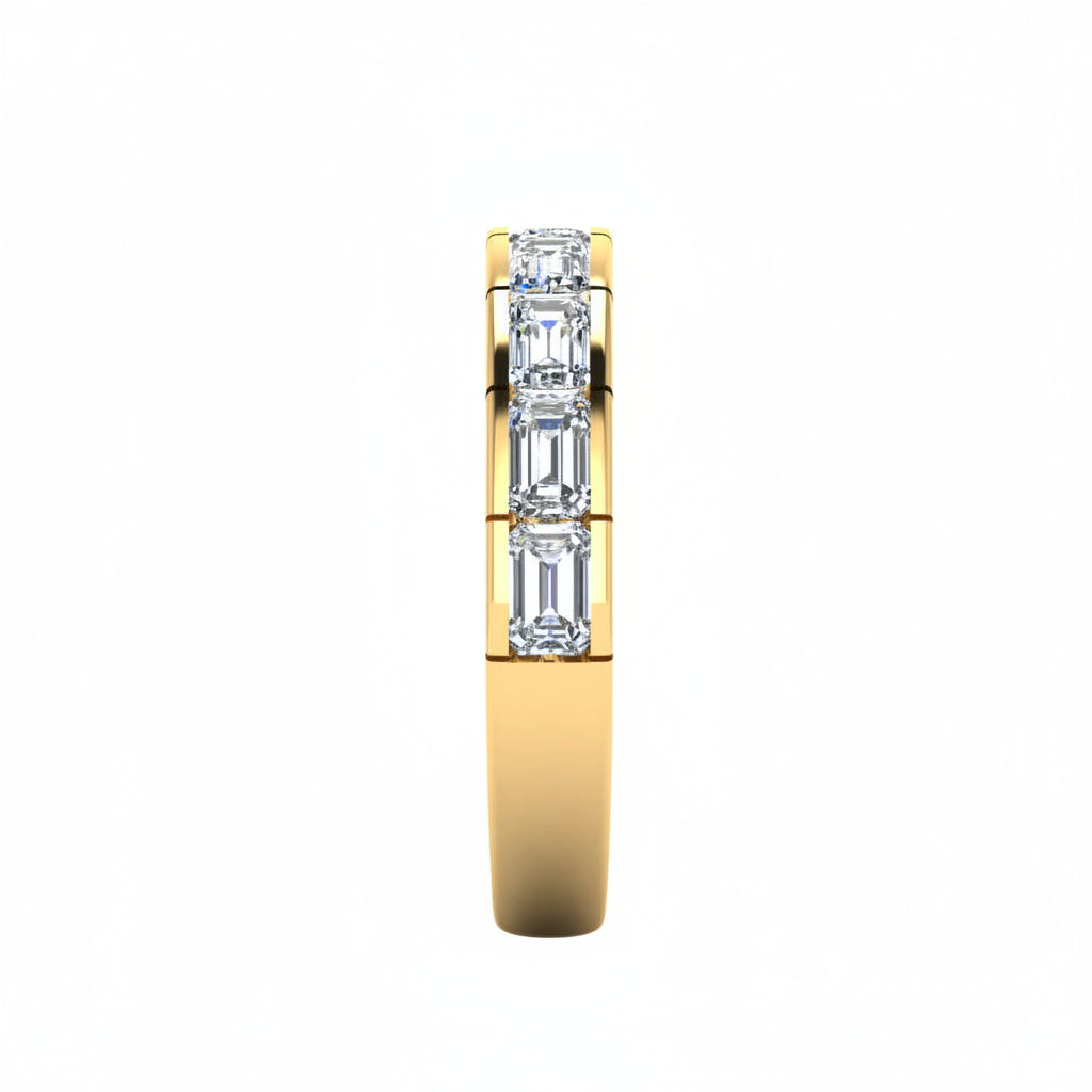 A yellow gold eternity ring featuring a row of east-west set baguette-cut lab grown diamonds, shown on a plain white background.
