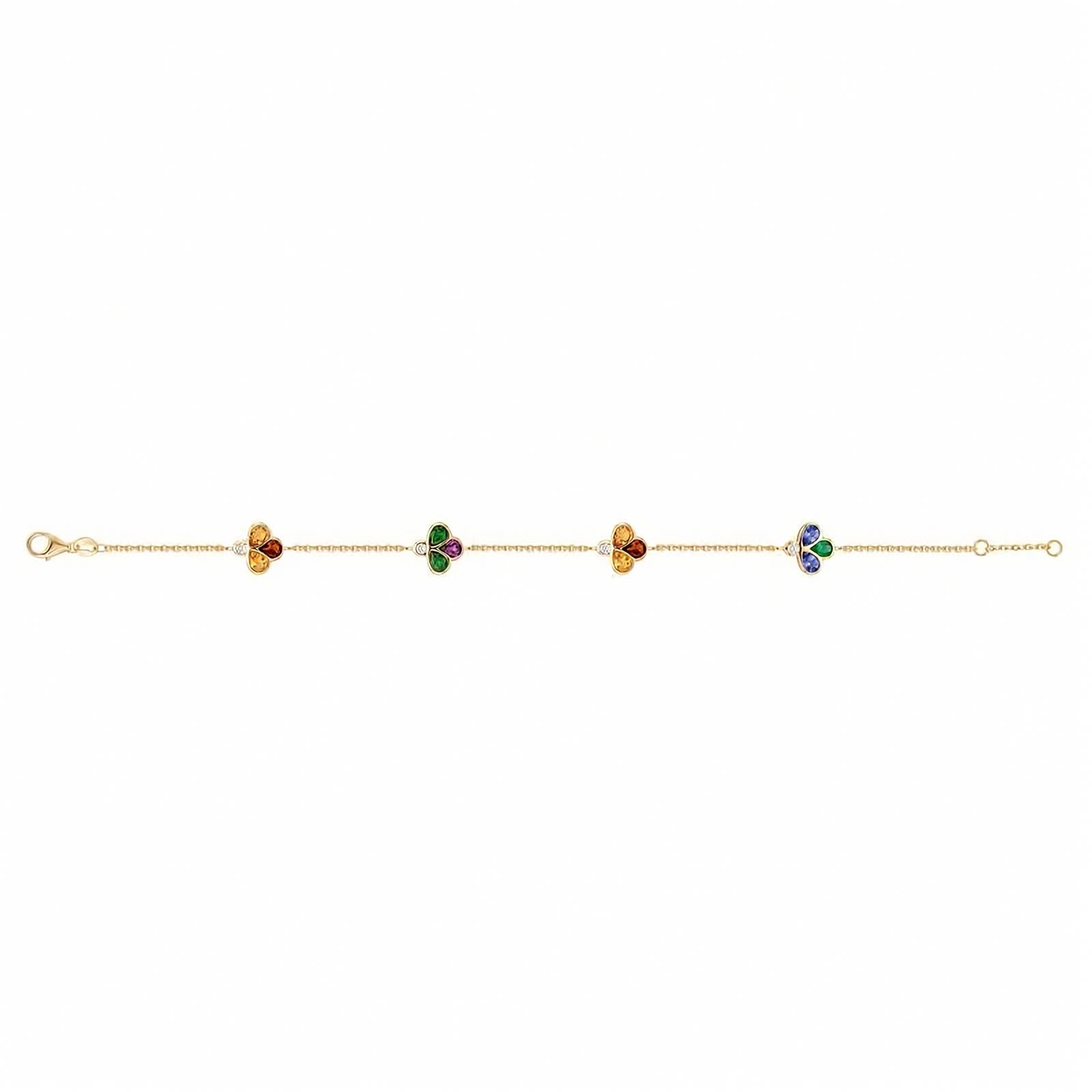 Bee 4U 18k yellow gold multi-gemstone station bracelet with tsavorite, garnet, iolite, citrine, and diamonds shown full length on a white background.