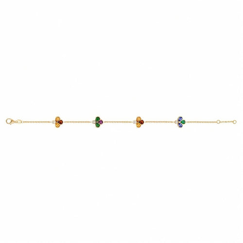 Bee 4U 18k yellow gold multi-gemstone station bracelet with tsavorite, garnet, iolite, citrine, and diamonds shown full length on a white background.