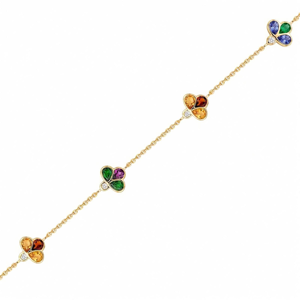 Bee 4U 18k yellow gold multi-gemstone station bracelet with tsavorite, garnet, iolite, citrine, and diamonds shown closer on a white background.