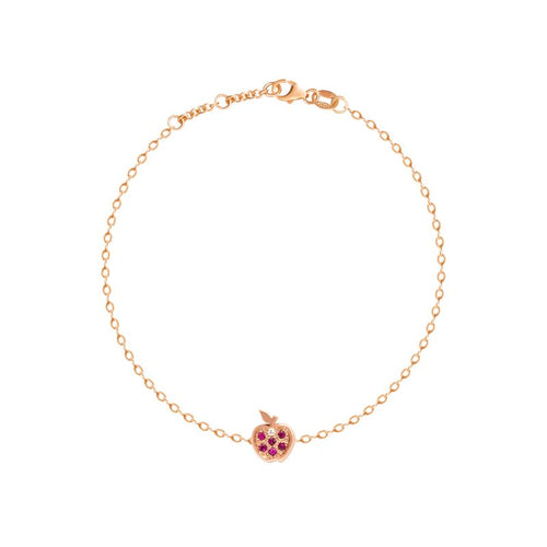 A delicate rose gold chain bracelet with a small apple charm featuring pink gemstone accents, displayed on a clean white background.