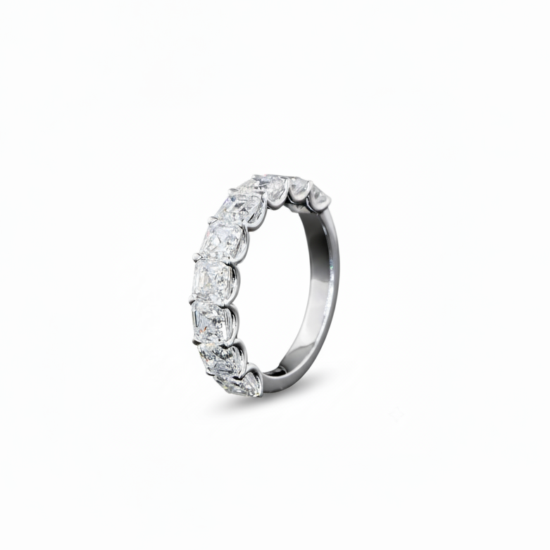 A white gold Asscher Diamond Prong set 1/2 eternity ring featuring a continuous row of asscher cut lab grown diamonds, shown on a clean white background.
