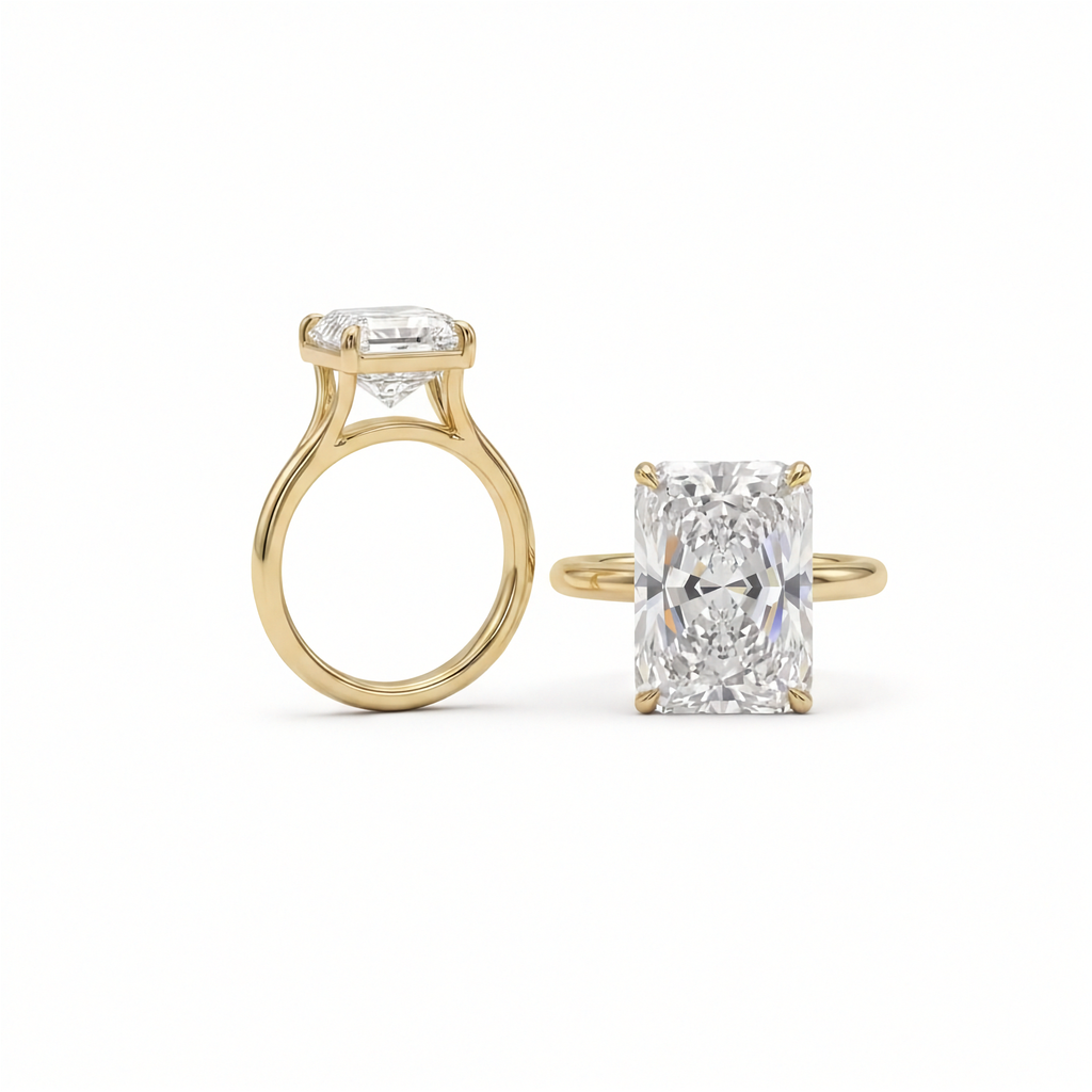 18k yellow gold 5 carat radiant cut lab diamond cathedral solitaire engagement ring on black background on a white background.