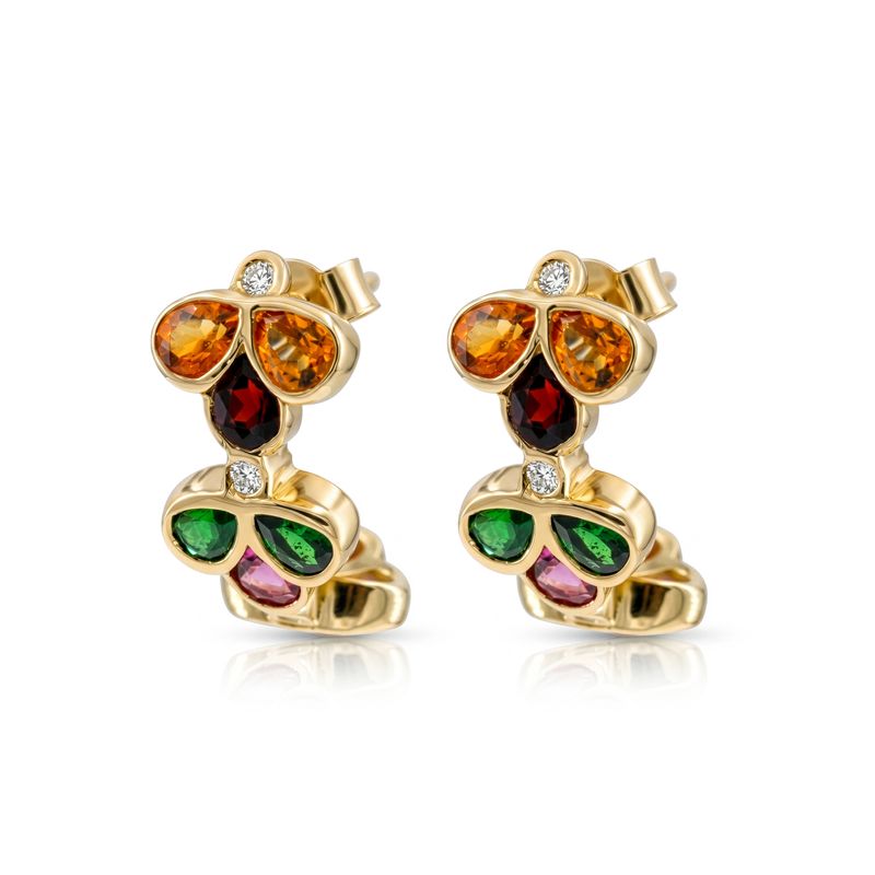 A pair of gold bee earrings embellished with colorful gemstones including orange, green, purple, and red, accented with small white diamonds, shown on a white background.