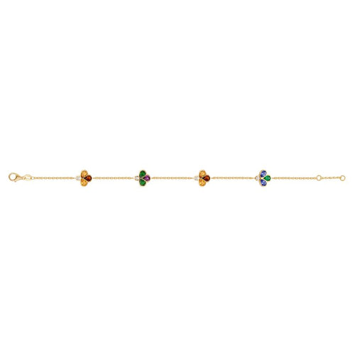 A delicate gold chain bracelet featuring four small clover motifs in different colors (orange, green, yellow, purple) spaced evenly along the chain, set against a plain white background.