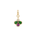 A yellow gold charm pendant featuring a three-petal bee design with a green gemstones on the left and right, a purple pear-cut stone in the center, and a small clear round-cut diamond at the top, set in a polished gold bezel with a hanging loop.