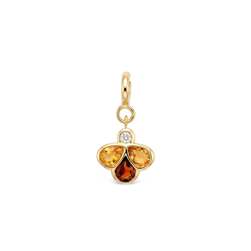 A gold charm pendant featuring three teardrop-shaped gemstones in yellow, orange, and amber-brown hues, with a small clear round-cut diamond at the top, set against a plain white background.