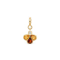 A gold charm pendant featuring three teardrop-shaped gemstones in yellow, orange, and amber-brown hues, with a small clear round-cut diamond at the top, set against a plain white background.