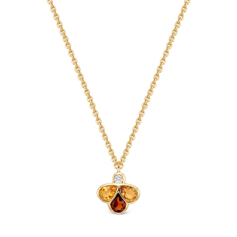 A gold chain necklace with a three-stone Bee pendant featuring a small round-cut Diamond and three larger teardrop-shaped stones in warm yellow and amber-brown shades, shown on a plain white background.
