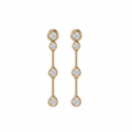 A pair of gold bezel set drop earrings with four round-cut lab grown diamonds on each earring, displayed against a solid white background.