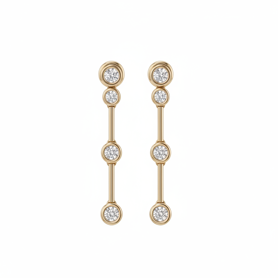 A pair of gold bezel set drop earrings with four round-cut lab grown diamonds on each earring, displayed against a solid white background.