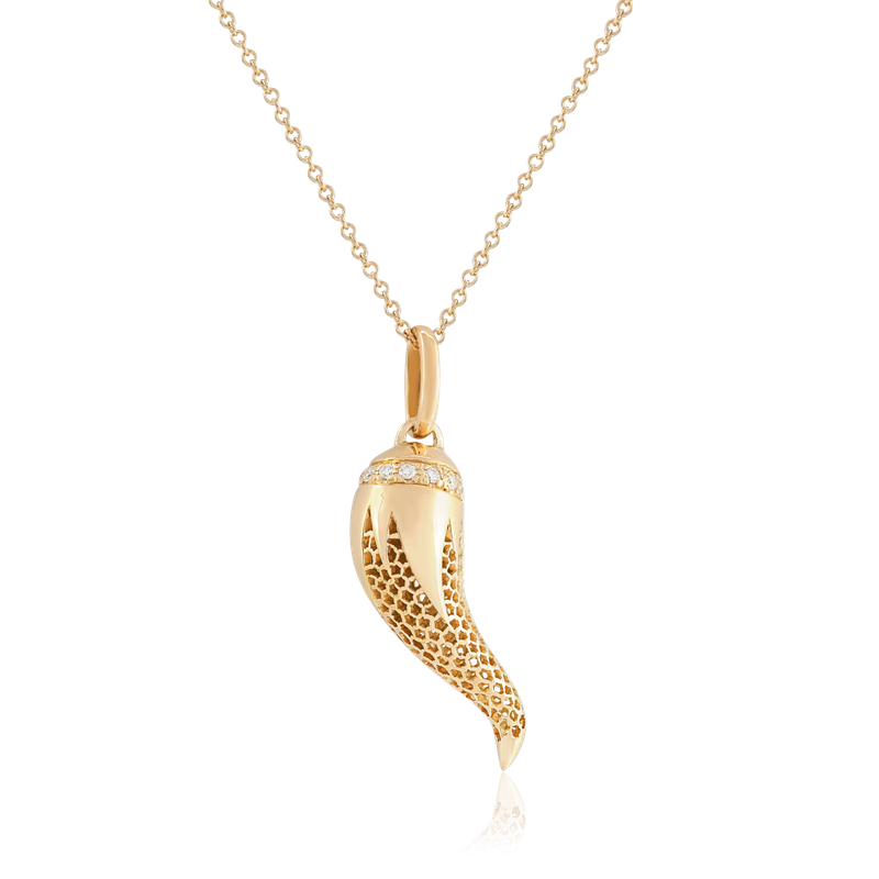 A yellow gold pendant necklace featuring a stylized horn or horn-shaped pendant with a textured pattern and a row of small diamonds at the top, suspended from a delicate gold chain against a white background.