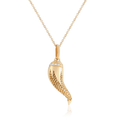 A yellow gold pendant necklace featuring a stylized horn or horn-shaped pendant with a textured pattern and a row of small diamonds at the top, suspended from a delicate gold chain against a white background.
