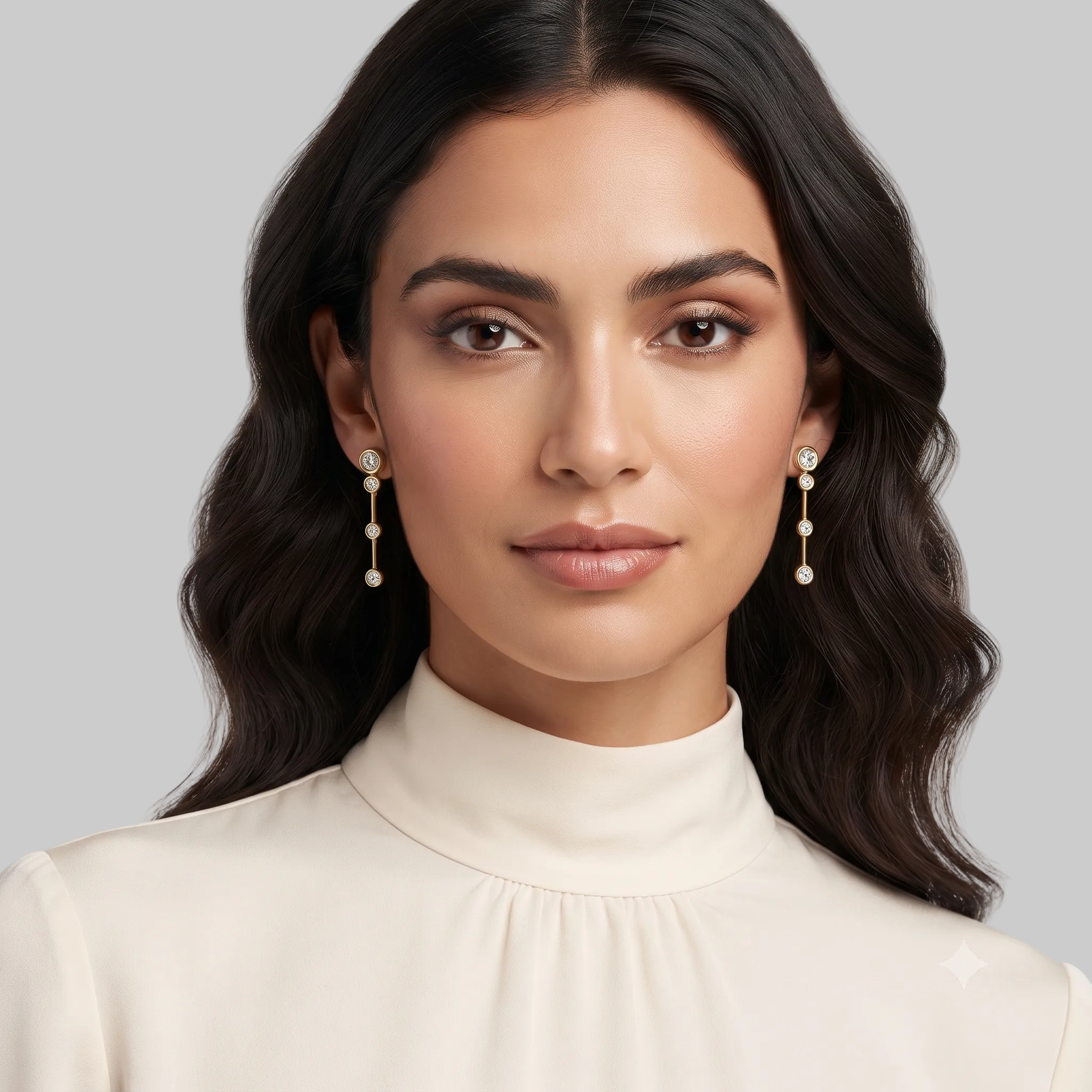 A pair of gold bezel set drop earrings with four round-cut lab grown diamonds on each earring, displayed against a solid white background.