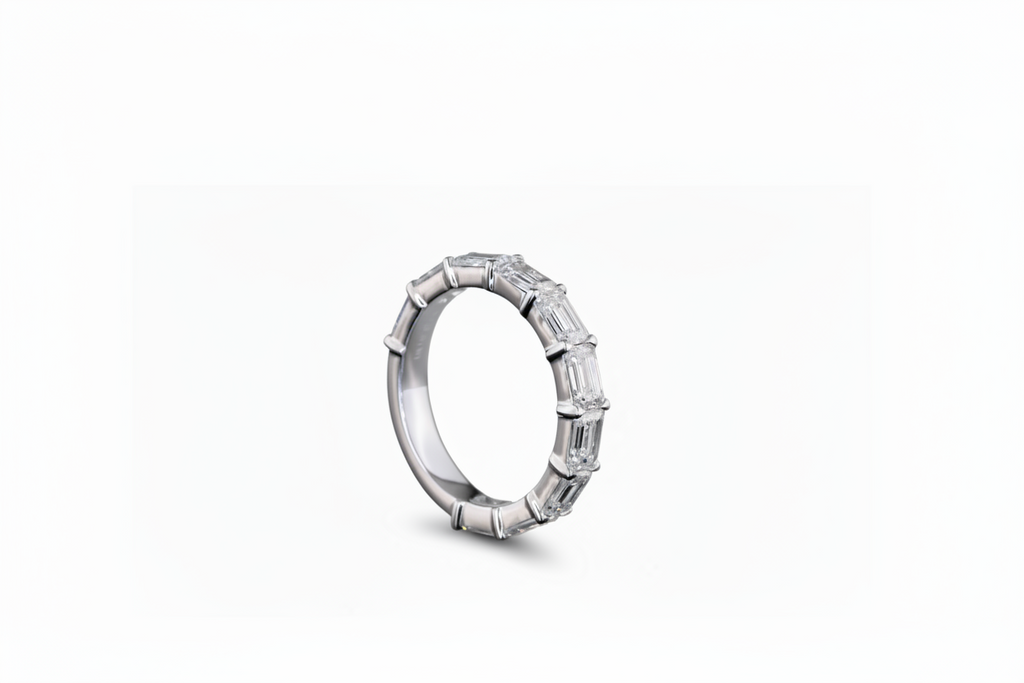 A white gold band ring featuring a row of lab grown emerald-cut diamonds, shown from a side profile on a clean white background. 3/4 all way around the band.