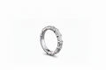 A white gold band ring featuring a row of lab grown emerald-cut diamonds, shown from a side profile on a clean white background. 3/4 all way around the band.