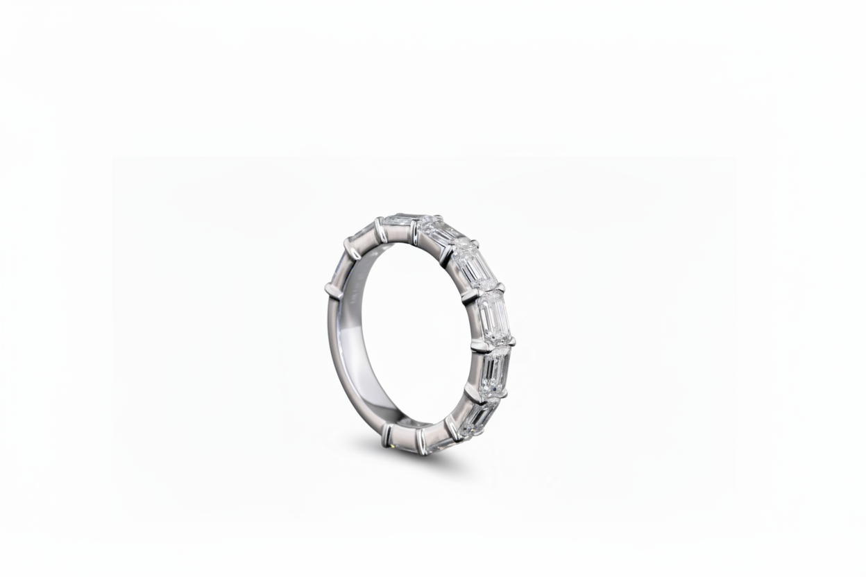 A white gold band ring featuring a row of lab grown emerald-cut diamonds, shown from a side profile on a clean white background. 3/4 all way around the band.