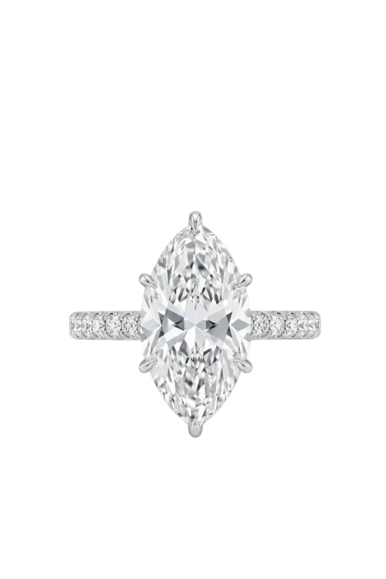 A Platinum ring featuring a large marquise-cut center stone in a prong setting, with a pavé band accented by small round stones, shown on a plain white background.
