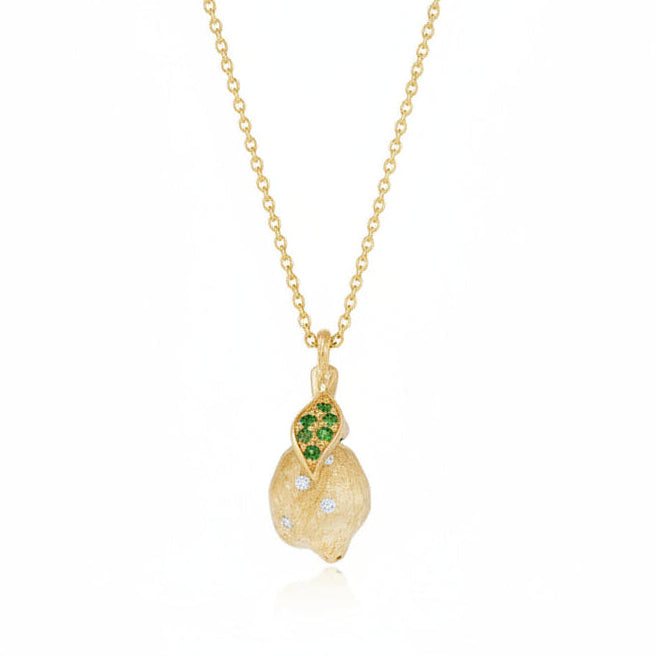 Yellow gold diamond and gemstone lemon design pendant on a white background.