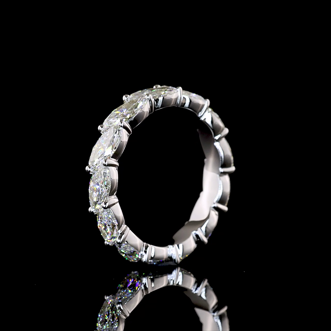 14k White Gold Marquise Cut Lab Grown Diamond Eternity Band 3.35 CTW from another angle shown on the black background.