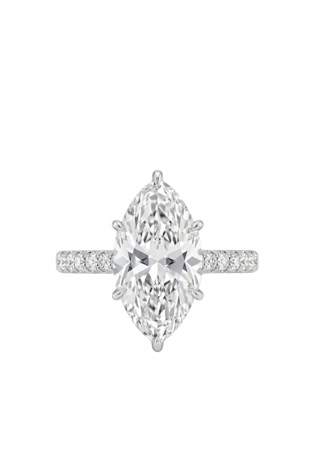 A silver-tone ring featuring a large marquise-cut clear gemstone in a six-prong setting, with a pavé band accented by small round diamonds, shown on a plain white background.