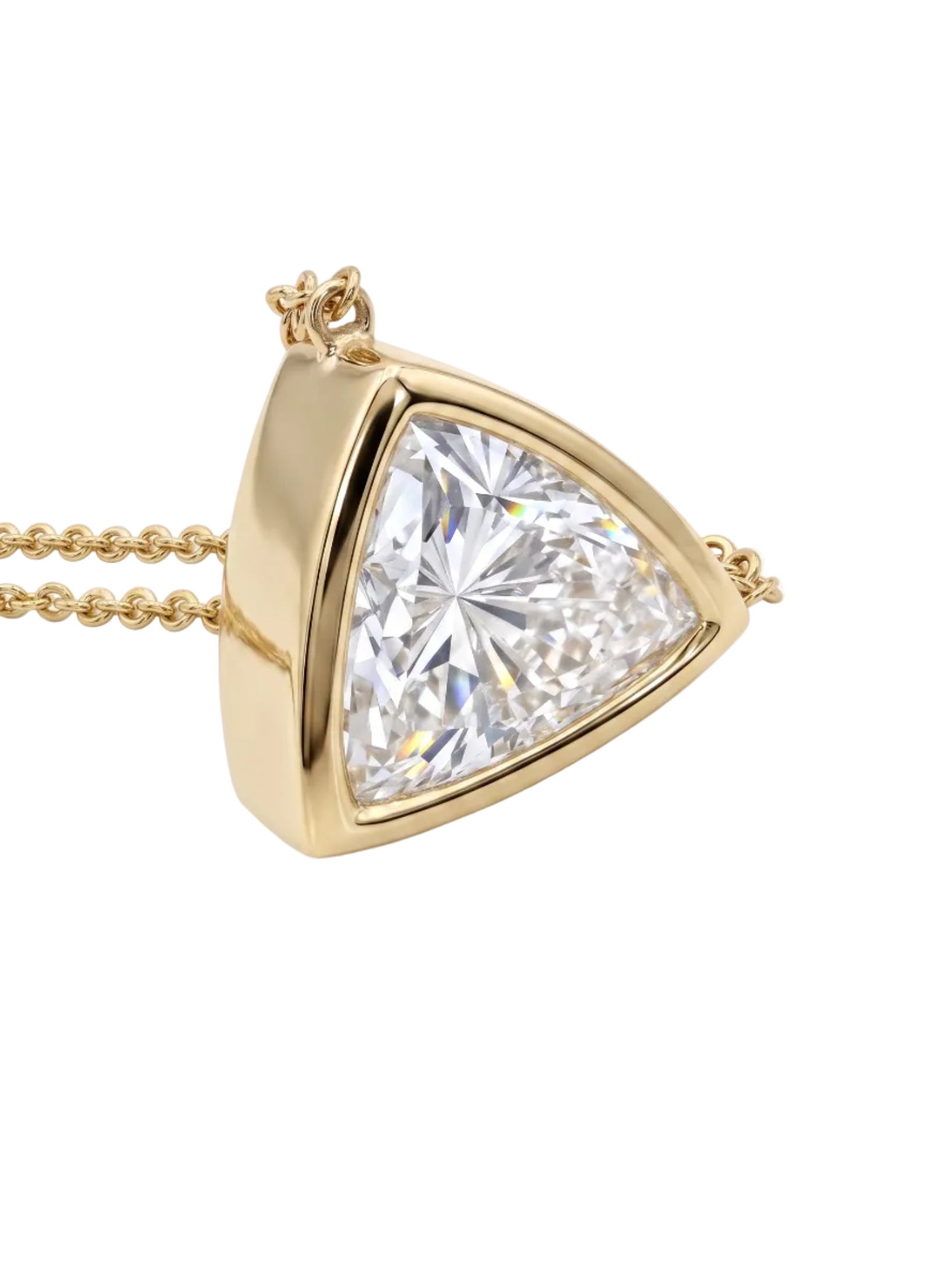 A yellow gold necklace with a delicate chain and a triangular pendant featuring a clear trilliant - cut diamond, shown against a plain white background.
