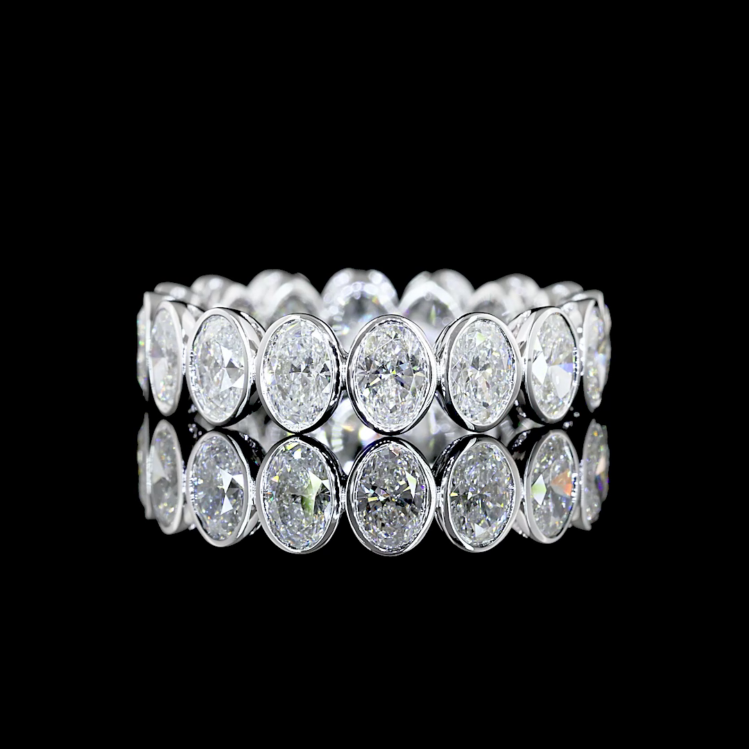 A white gold Oval Diamond Bezel set eternity ring featuring a continuous row of Oval lab grown diamonds, shown on a clean black background.