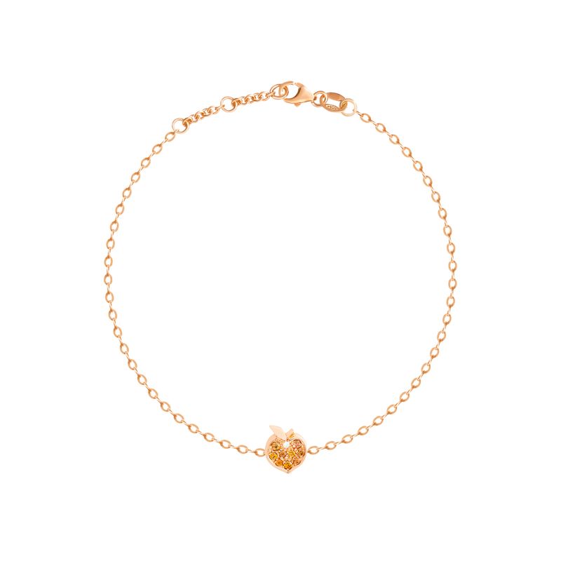 A delicate rose gold chain bracelet featuring a small, textured apple-shaped charm in the center, displayed on a clean white background.