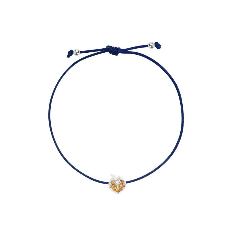 A navy blue adjustable cord bracelet featuring a small apple-shaped charm with white gold and orange details, displayed on a clean white background.