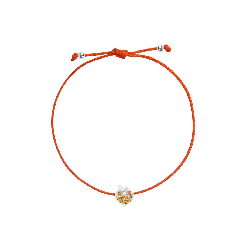An orange adjustable cord bracelet featuring a small apple-shaped charm with white gold and orange details, displayed on a clean white background.