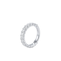 A white gold eternity ring featuring a  3/4 around the band, row of radiant-cut lab grown diamonds in a prong setting, shown on a plain white background.