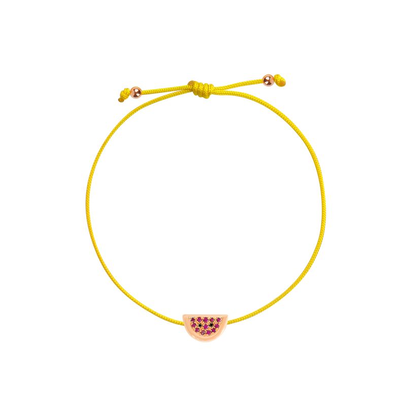 A yellow adjustable cord bracelet featuring a small watermelon slice charm with pinkish-red seeds, shown on a plain white background.