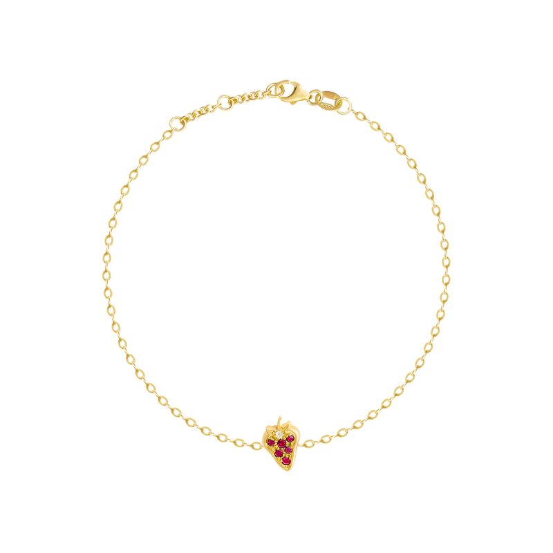 A delicate yellow gold chain bracelet with a small strawberry-shaped charm set with red stones, displayed on a clean white background.
