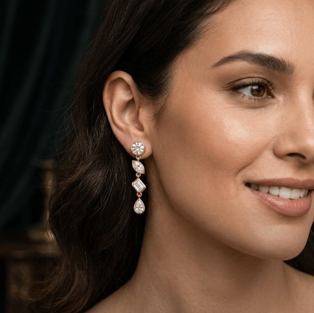 A pair of gold drop earrings featuring a graduated sequence of diamonds: a round brilliant-cut stone, a marquise-cut stone, a baguette-cut stone, and a pear-cut stone shown on the model.