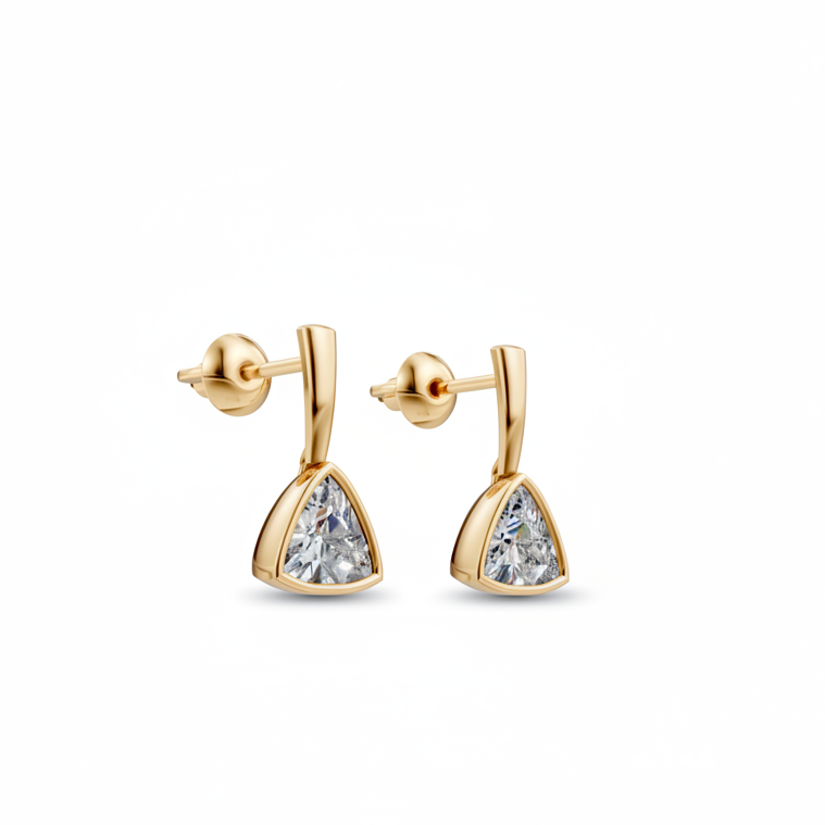 A pair of gold stud - drop earrings with a triangular bezel-set lab grown diamonds, shown on a plain white background.