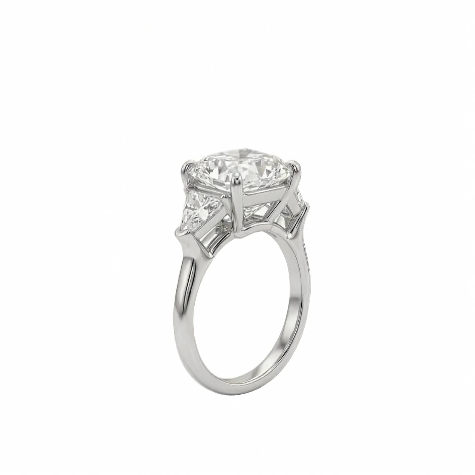 18k white gold three stone ring featuring 7 carat square cushion lab diamond flanked by trillion side stones shown from the side view on white background.