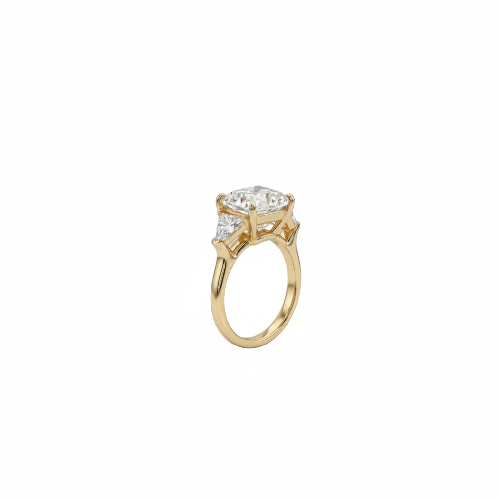 A yellow gold three-stone ring featuring a large cushion brilliant-cut center lab grown diamond flanked by two smaller trillion lab grown diamonds, set against a plain white background.
Side view shown.