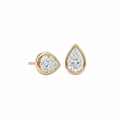A pair of pear-shaped diamond bezel set stud earrings in yellow gold, shown against a plain white background.