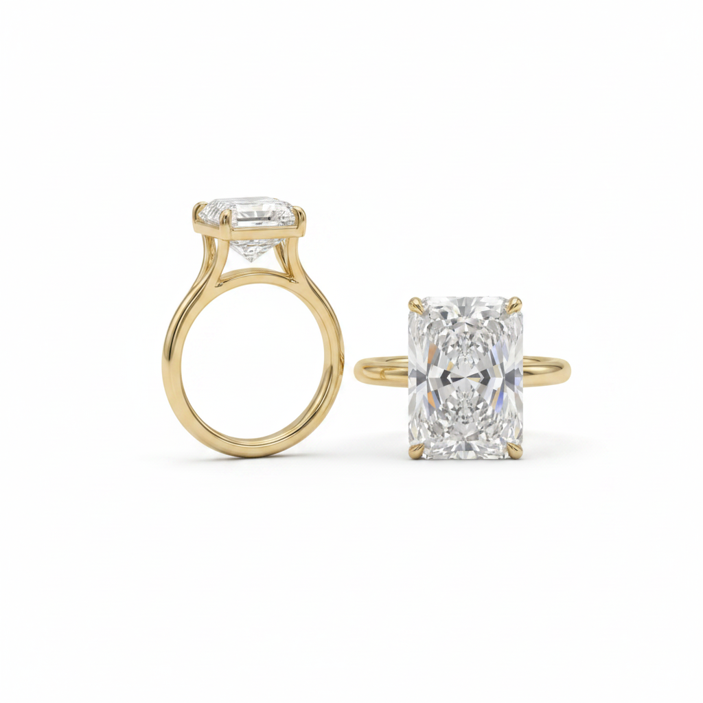 Yellow Gold Solitaire Ring with Radiant center lab grown diamond in a white background.